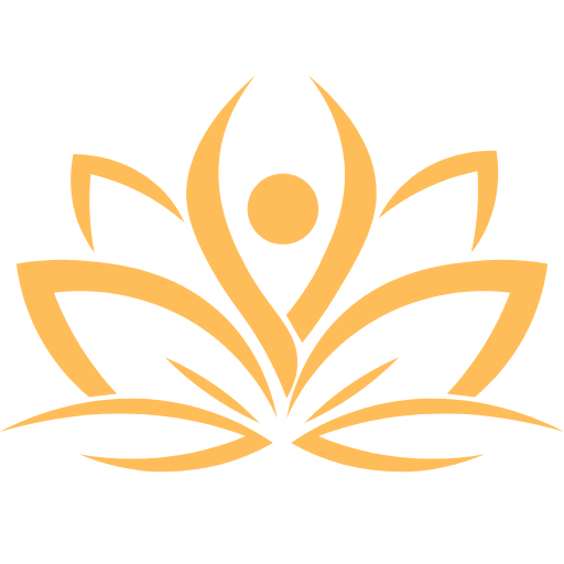 Square logo with flower petal outlines and center circle representing wholeness of being.